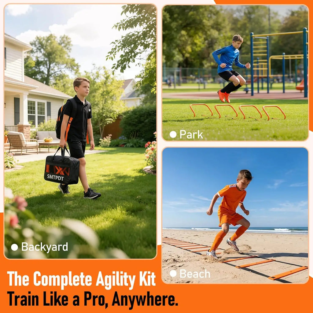 Agility ladder and hurdle set folded into the included carry bag for transport
