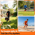 Agility ladder and hurdle set folded into the included carry bag for transport