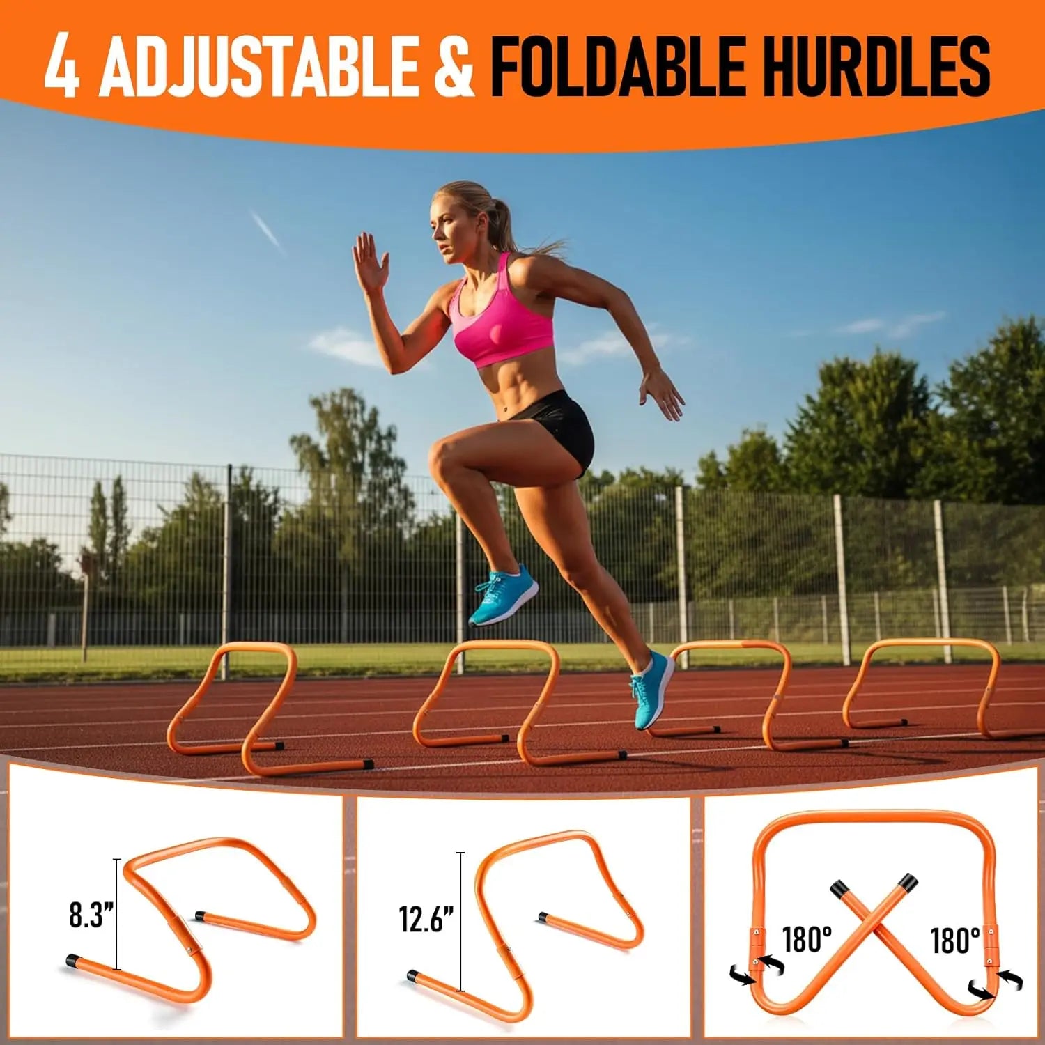 Training hurdle shown at two adjustable heights, 8.3 and 12.6 inches